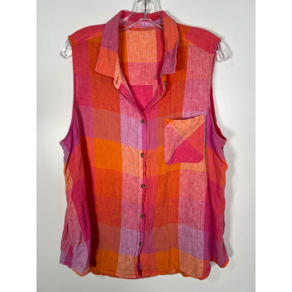 Retro 90s Pink Orange Plaid Sleeveless Button Down Top Pretty Fem Casual Large